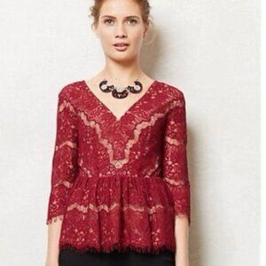 Anthropologie Maeve Burgundy Lace Peplum Top XS | Romantic Holiday Party Blouse